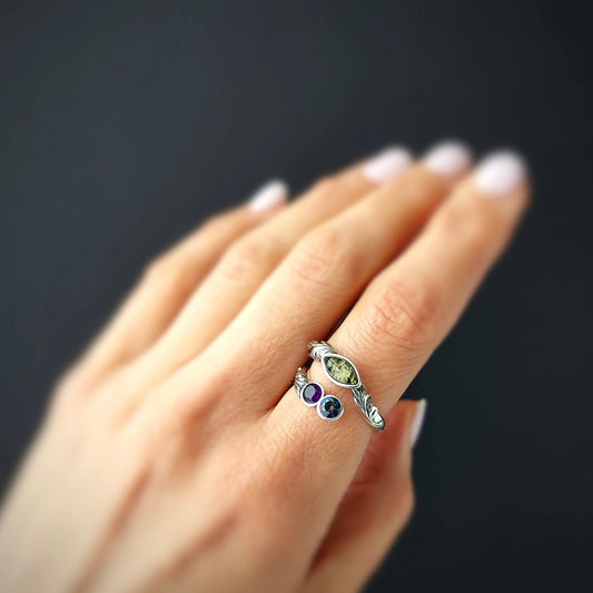Open adjustable Amber ring with sterling silver
