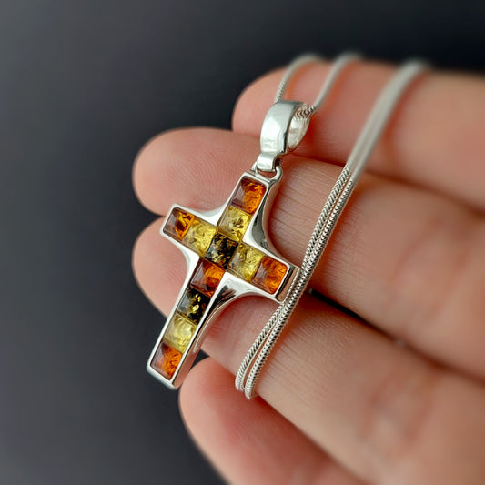 Sterling silver cross necklace with multicolor Baltic amber – handmade religious pendant on silver chain