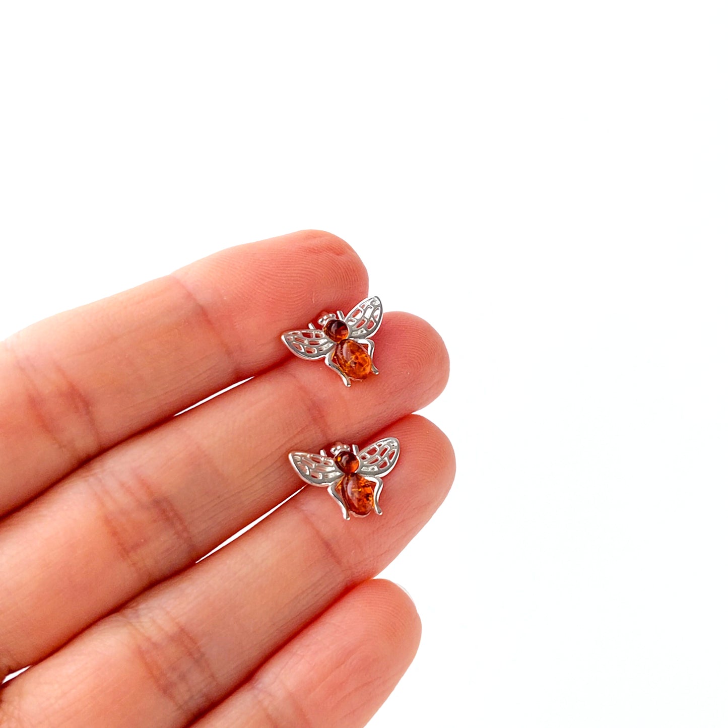 Bee Earrings in Amber, Sterling Silver Bee earrings, Bee Jewelry, Honey Bee Silver Stud earrings, Bee gifts, Amber Jewelry, Bumble Bee, Cute