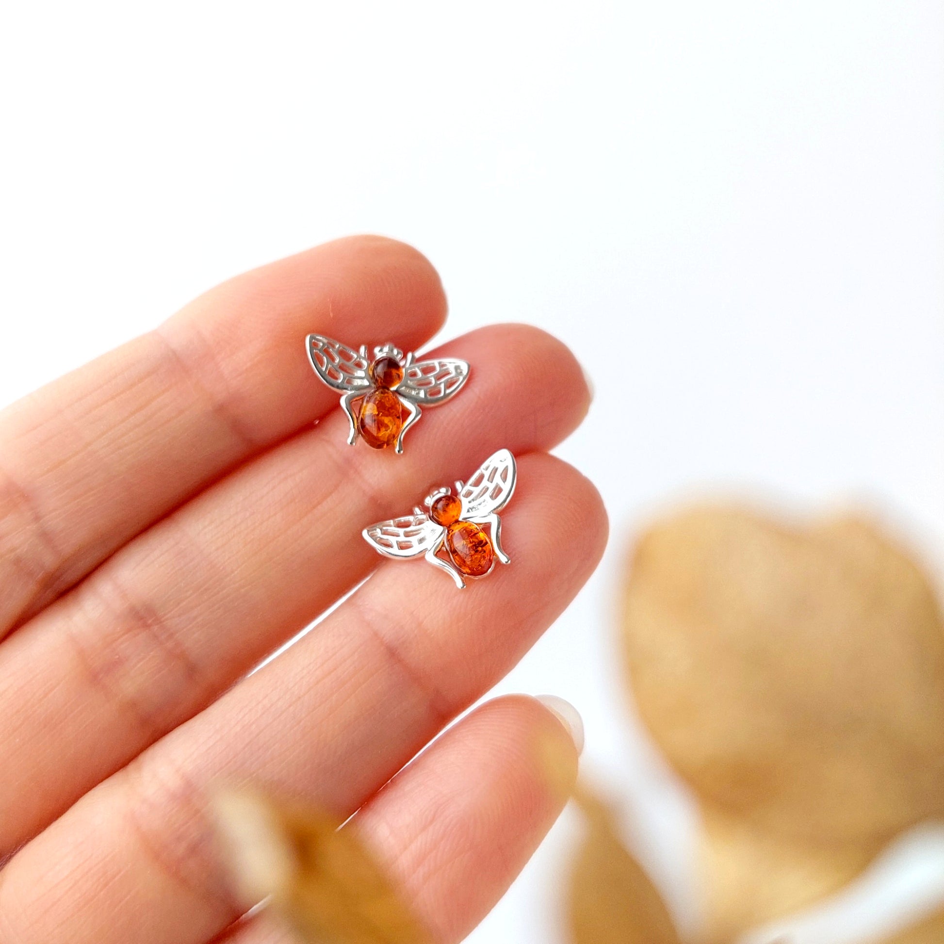 Bee Earrings in Amber, Sterling Silver Bee earrings, Bee Jewelry, Honey Bee Silver Stud earrings, Bee gifts, Amber Jewelry, Bumble Bee, Cute