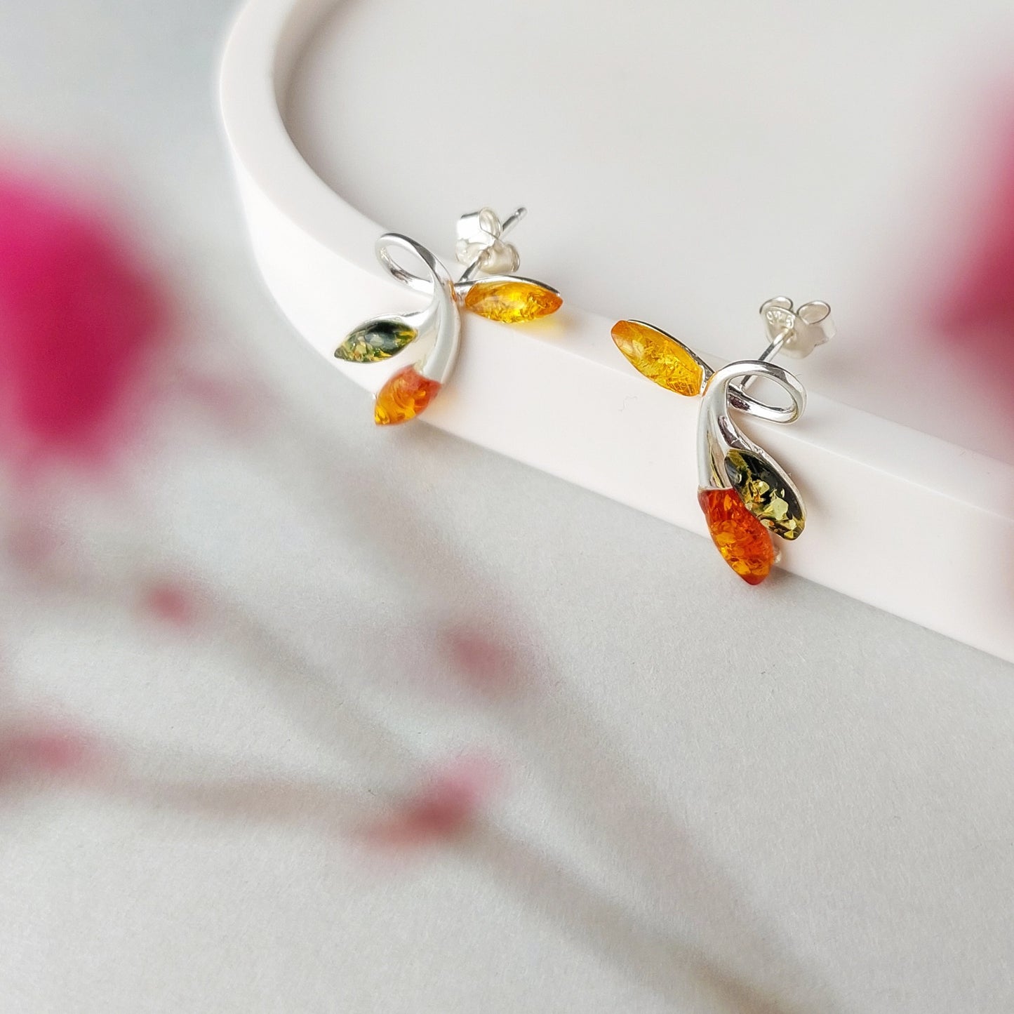 Colorful Amber Leaf Earrings, Sterling Silver Studs - Baltic Amber Jewelry Gift for Her