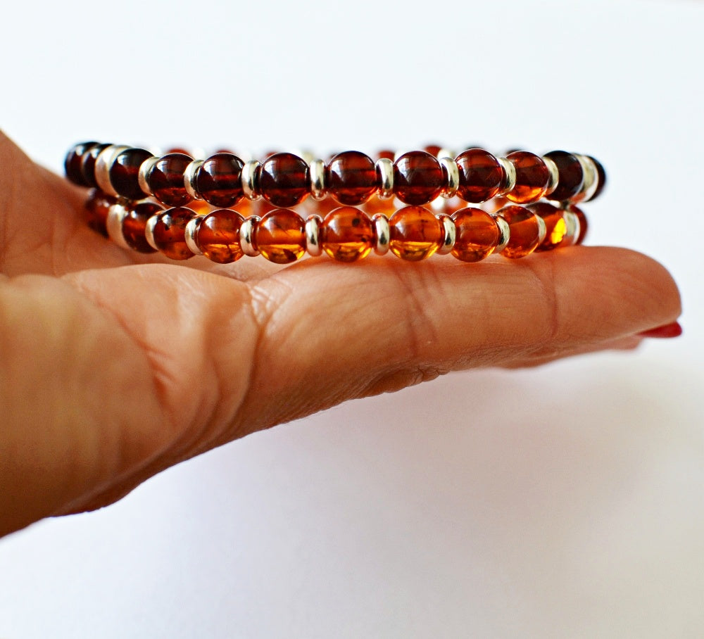 Double Beaded natural Amber bracelet for Men with Sterling Silver