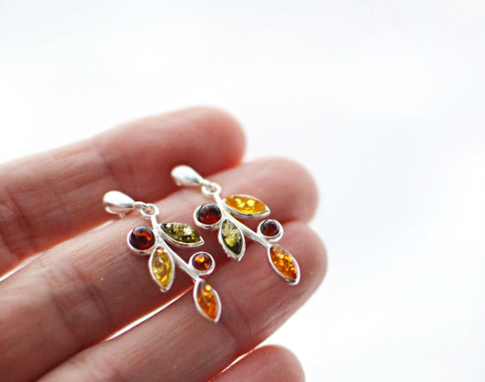 Colorful natural Amber Earrings, Baltic Amber Leaf dangle Earrings, silver and amber stud earrings, amber jewelry gift for her