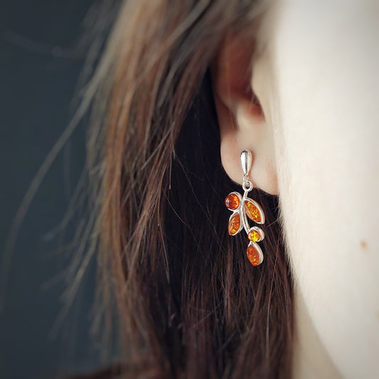 Natural Amber Earrings, Leaf Sterling Silver Stud Earrings, Silver drop Amber Earrings, Leaf dangle Earrings, amber jewelry, gift for mom