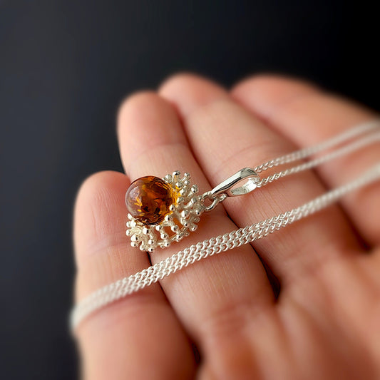 Modern Amber Flower Necklace | Sterling Silver 925 Pendant | Baltic Amber Jewelry Gift for Her | Nature Inspired Minimalist Necklace