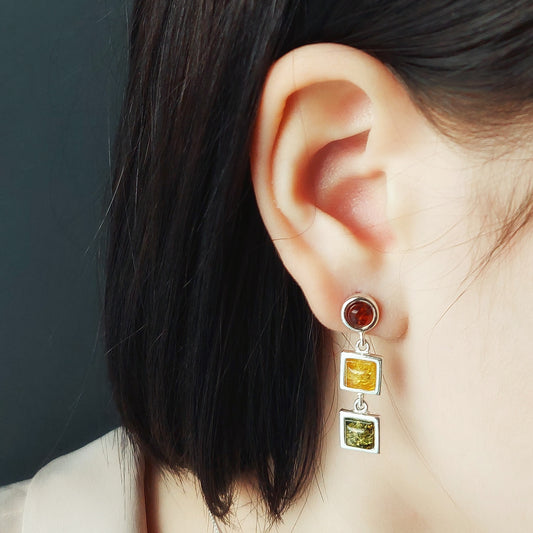 Statement Colorful Amber Earrings, silver geometric Stud Earrings, amber jewelry, silver drop earrings, Vintage Style Jewelry
