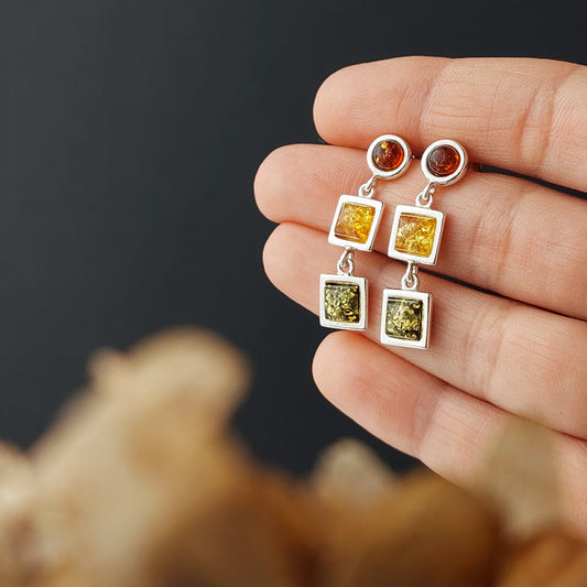 Statement Colorful Amber Earrings, silver geometric Stud Earrings, amber jewelry, silver drop earrings, Vintage Style Jewelry