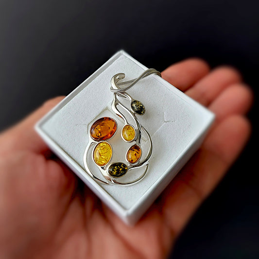 Sterling Silver Amber Pendant – Multicolor Baltic Amber Necklace in Cognac, Green & Yellow