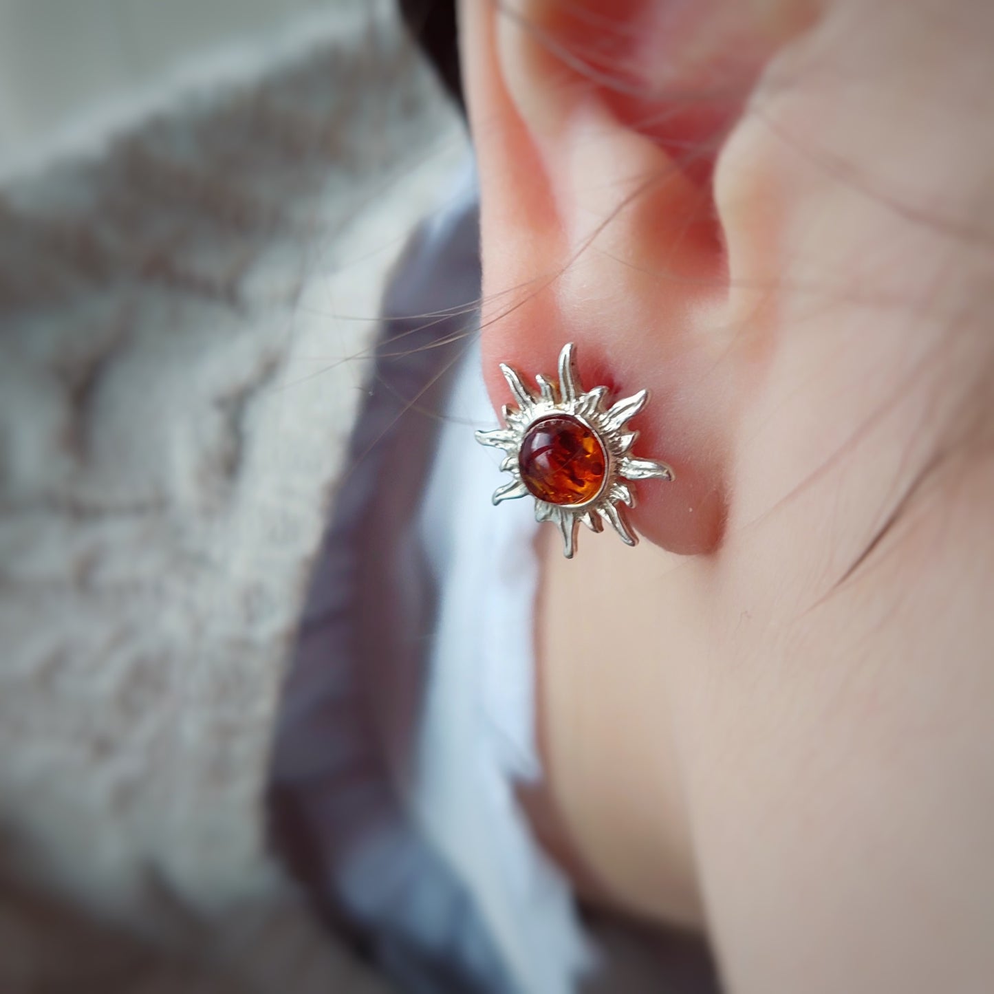 Suns with amber stud earrings, Silver Sun Earrings, Boho earrings stud, Sun shape silver studs