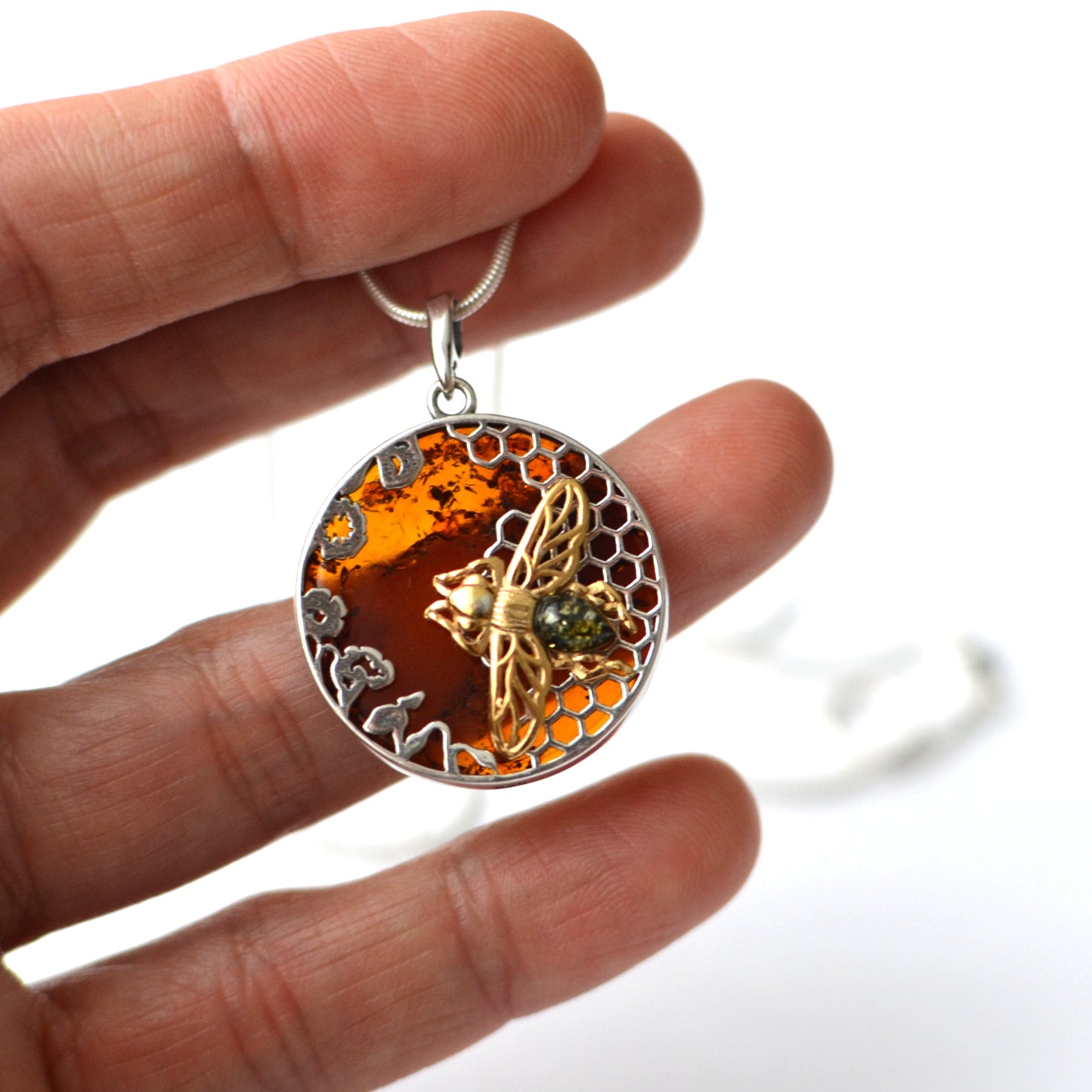 Amber Bee Necklace with Silver