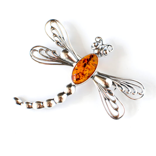 Amber sterling silver brooch dragonfly bug jewelry silver dragonfly
