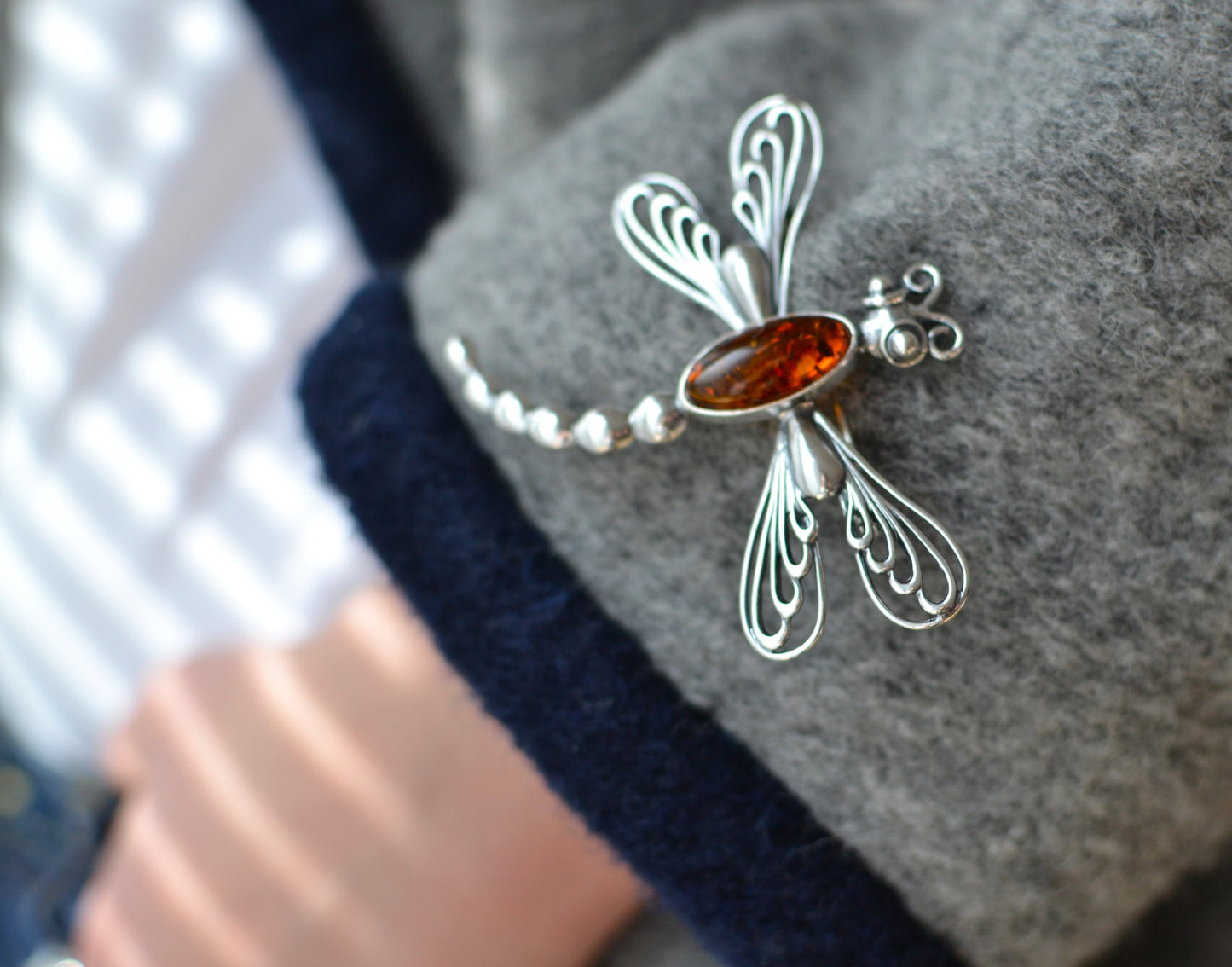 Amber sterling silver brooch dragonfly bug jewelry silver dragonfly