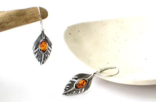 Silver Feather Necklace with Amber Earrings