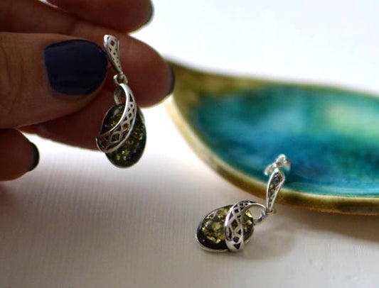 Green amber Stud  Dangling Earrings