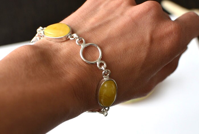 Natural stone Sterling Silver Bracelet, Untreated stone Bracelet, stone Jewelry, Egg Yolk stone Bracelet, Handmade amber chain bracelet