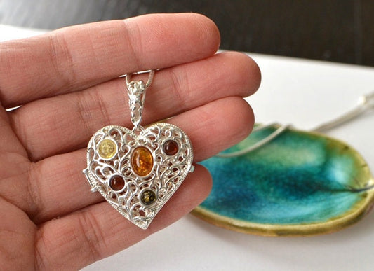 Heart Locket Amber Necklace
