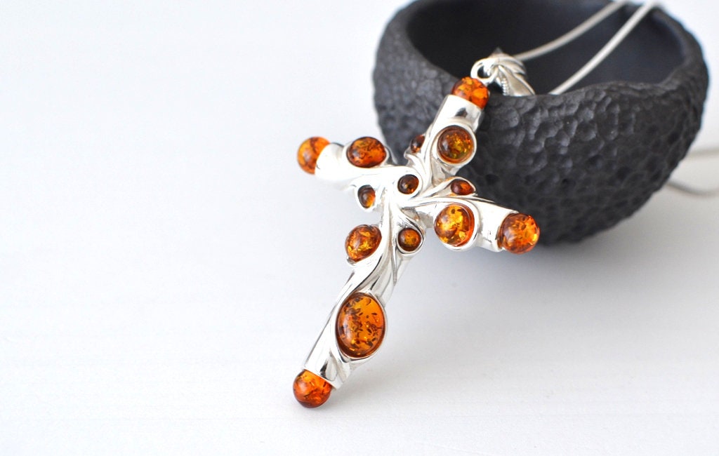 Silver Cross Necklace with Natural Amber