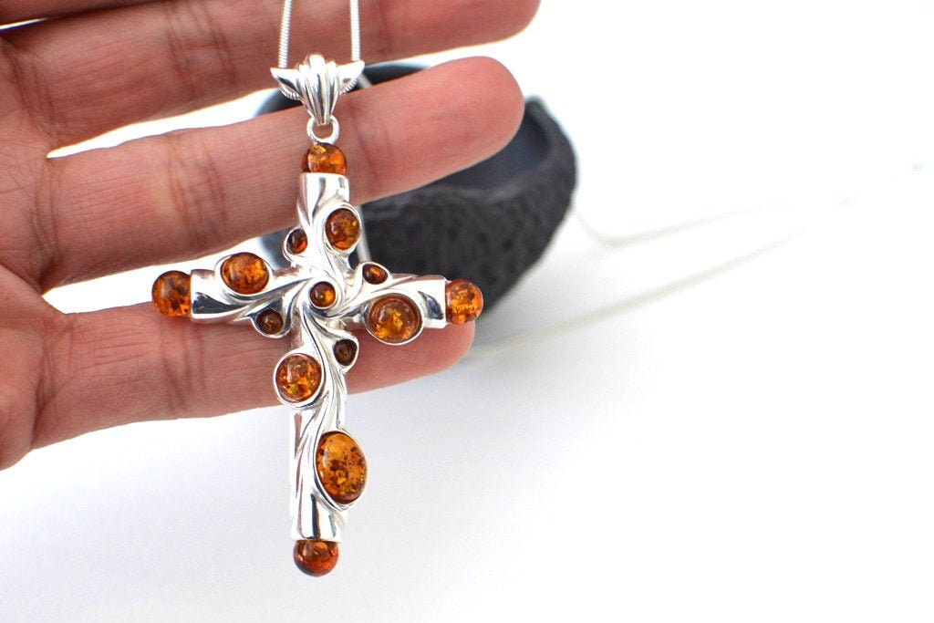 Silver Cross Necklace with Natural Amber