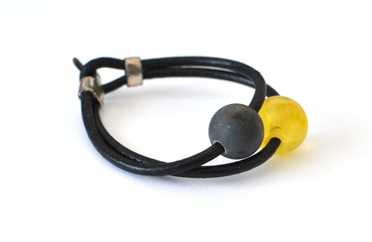 Black Leather Bracelet with Amber