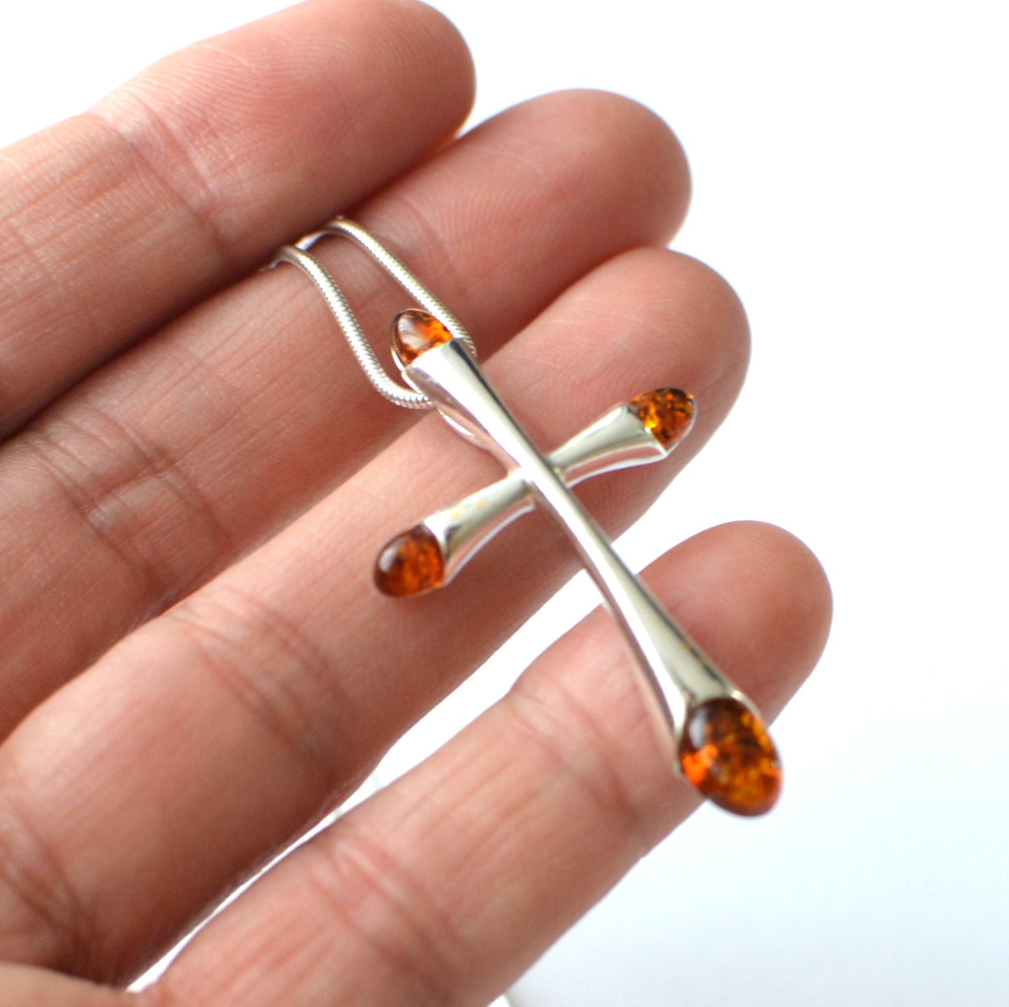 Silver Cross Necklace with Amber