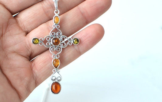 Victorian Silver Amber Cross Necklace
