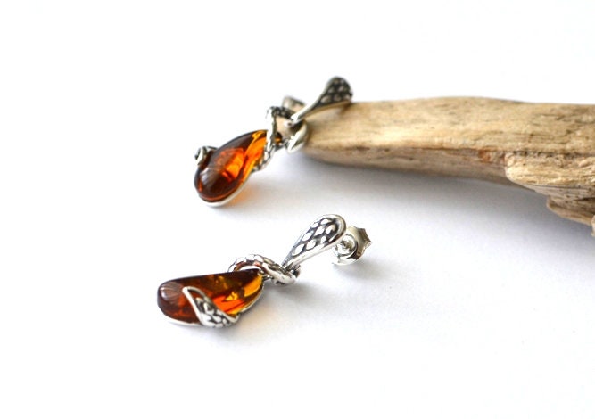 Silver Snake Amber Charm Necklace